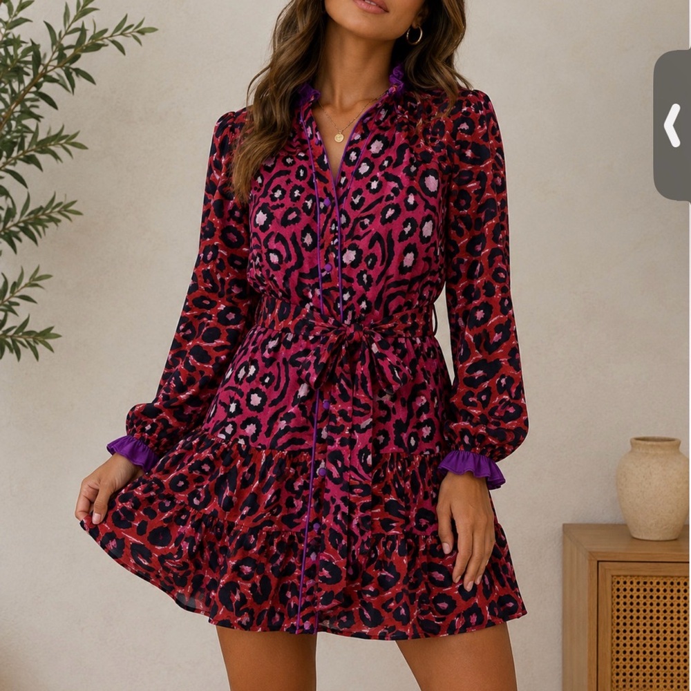 Fate Pink and Red Leopard-Print Tie-Waist Midi Dress